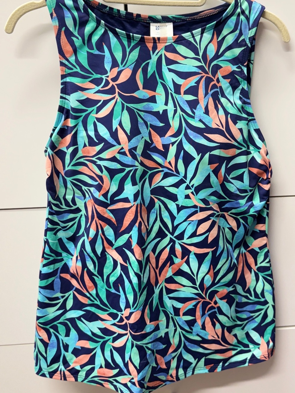 Lands’ End Women’s Tank Top Blue Tropical Print Swim Tank Athletic Stretch EUC
